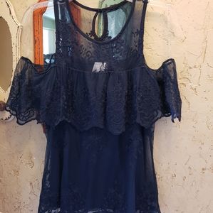 NWOT navy blue lace cold-shoulder dress top